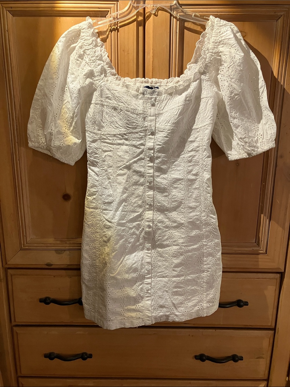 Eyelet Square Neck Mini Dress with Puff Sleeves, GAP, White, S